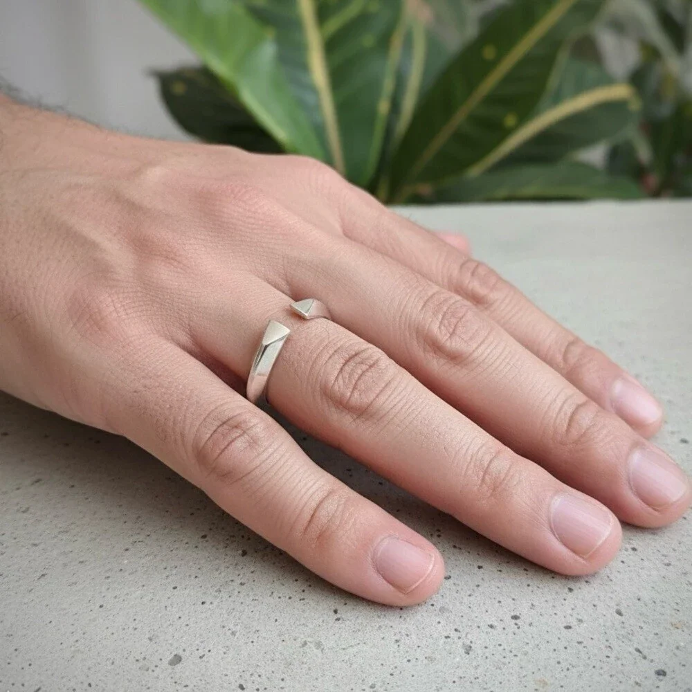 Men’s Sterling Silver Geometric Pyramid Ring Open Cuff Band